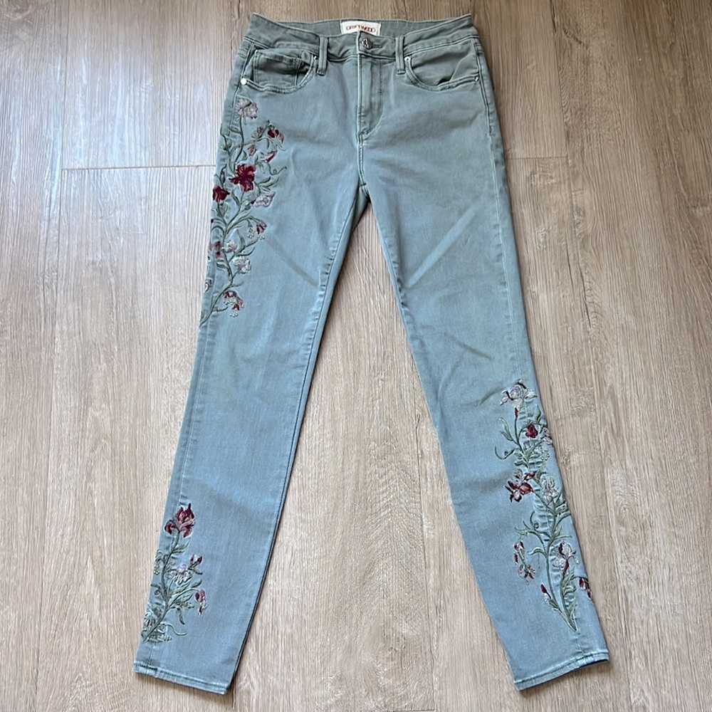 Driftwood Gray Floral Embroidered Skinny Jeans Size 25